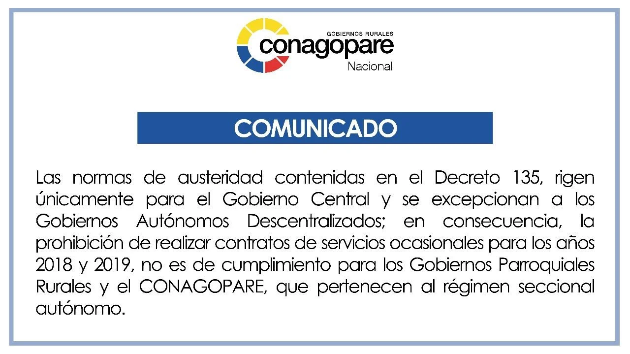 Pronunciamiento sobre la No Aplicación de Normas de Austeridad del MDT a Gobiernos Parroquiales