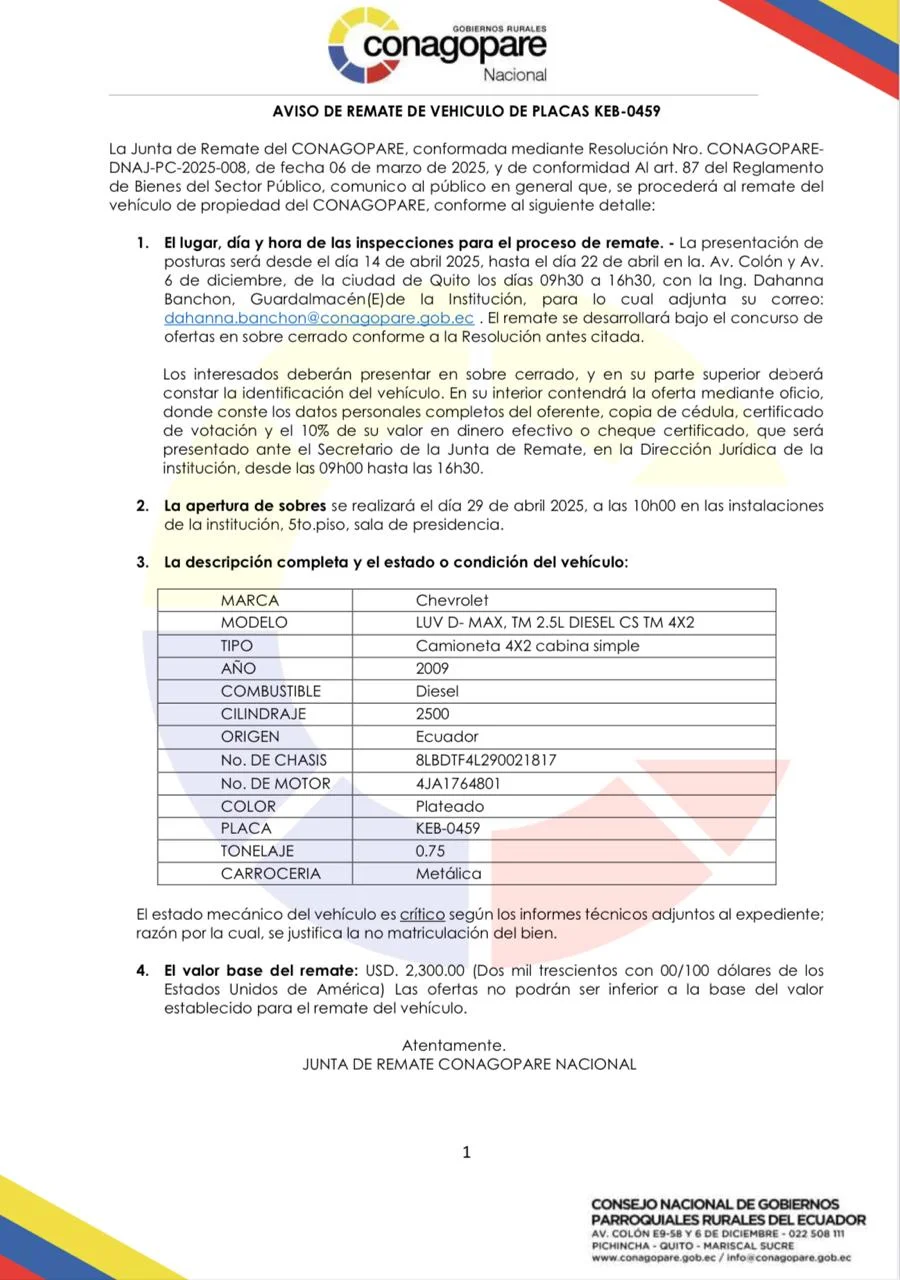 Aviso de Remate de Vehiculo